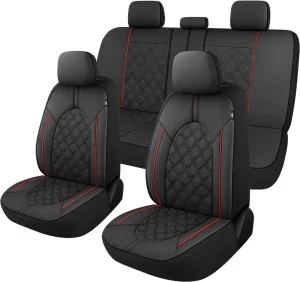 CAROMOP Luxury Leather Car Seat Covers Full Set-Waterproof Seat Protectors with Split Bench Seat Covers for Cars-Universal Cars Interior Covers for Sedans, SUVs, Pick-up Trucks (Black/Red Line)
