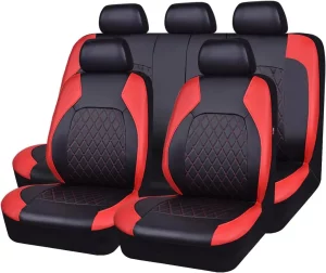 HORSE KINGDOM Universal Faux Leather Car Seat Covers Full Set Airbag Compatible Breathable Fit for Cars Trucks SUVs Deluxe Pu Luxury Vinyl(Black with Red)
