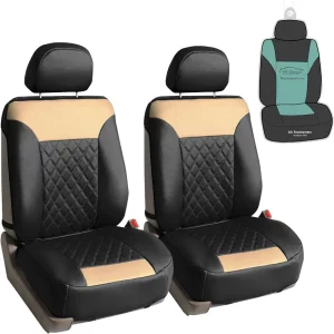 FH Group Deluxe Faux Leather Diamond Pattern Front Set Car Seat Cushions with Gift - Universal Fit for Cars, Trucks, & SUVs PU089102 (Beige)
