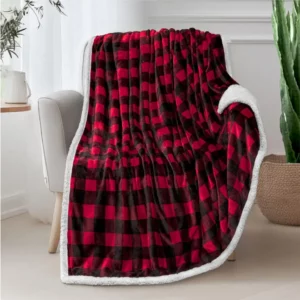 PAVILIA Black and Red Buffalo Plaid Sherpa Fleece Throw Blanket for Couch, Soft Flannel Blanket for Sofa Bed, Christmas Checkered Blanket & Throws, Warm Cozy Decorative Blanket Fall Decor Gift, 50x60